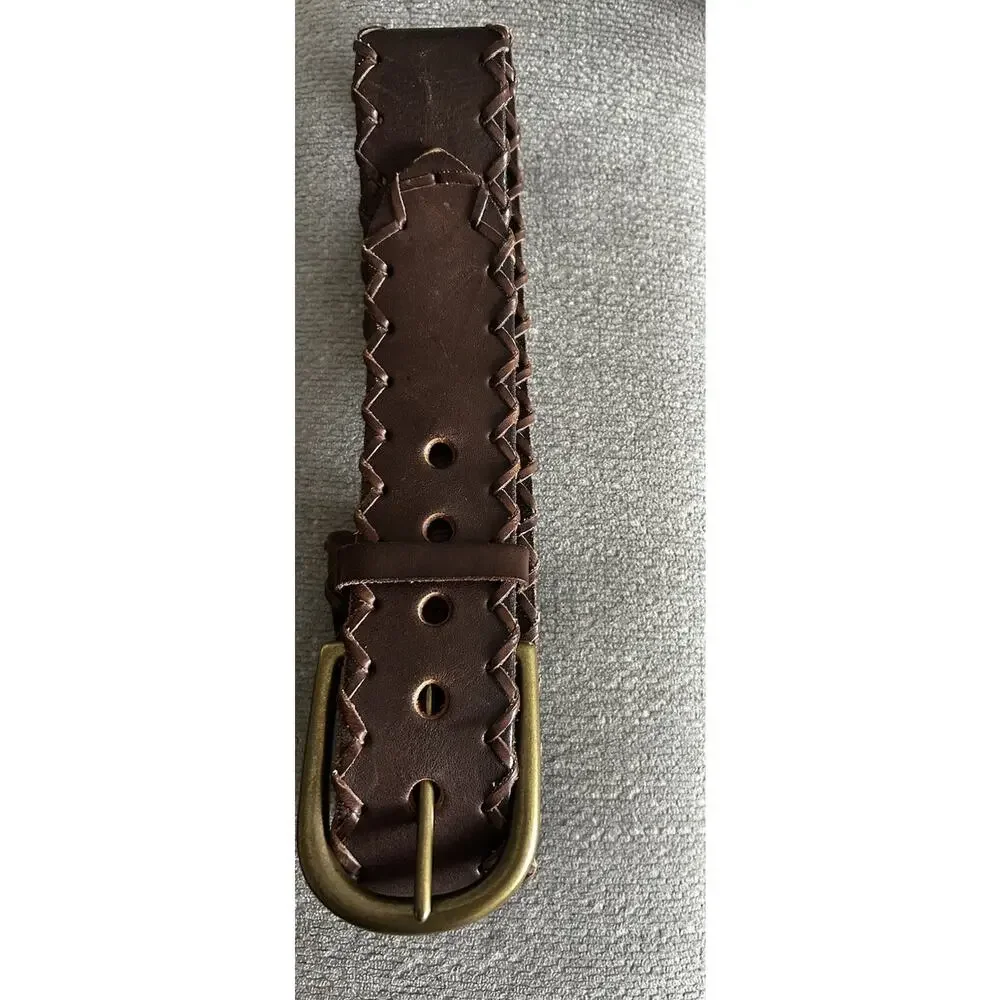 Gap Women’s Brown Leather Belt Stitch Trim Brass Buckle XL Western Cowgirl